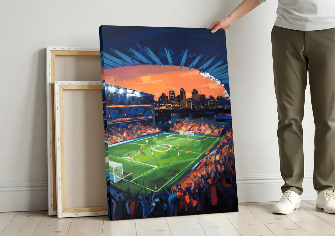 Cincinnati FC Stadium Lights canvas wall art leaning against a wall next to blank canvases