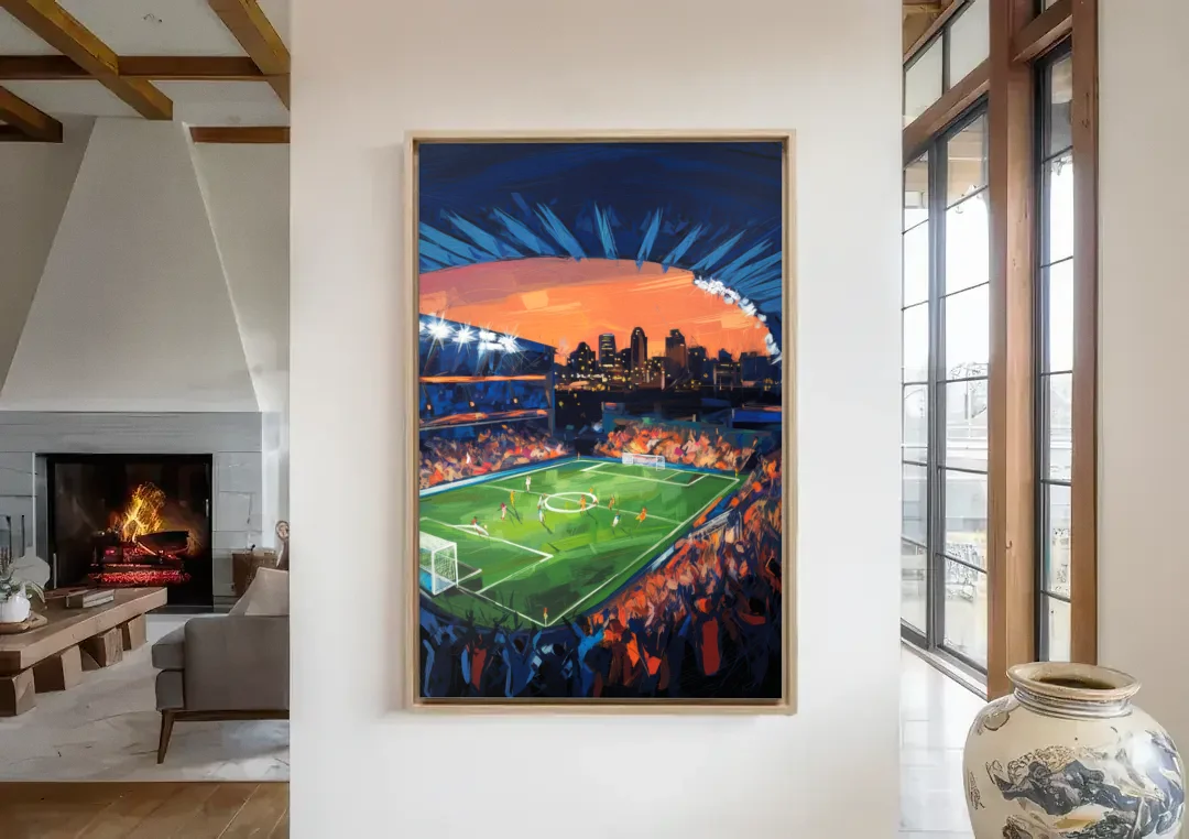 Cincinnati FC Stadium Lights canvas wall art in a living room with a fireplace