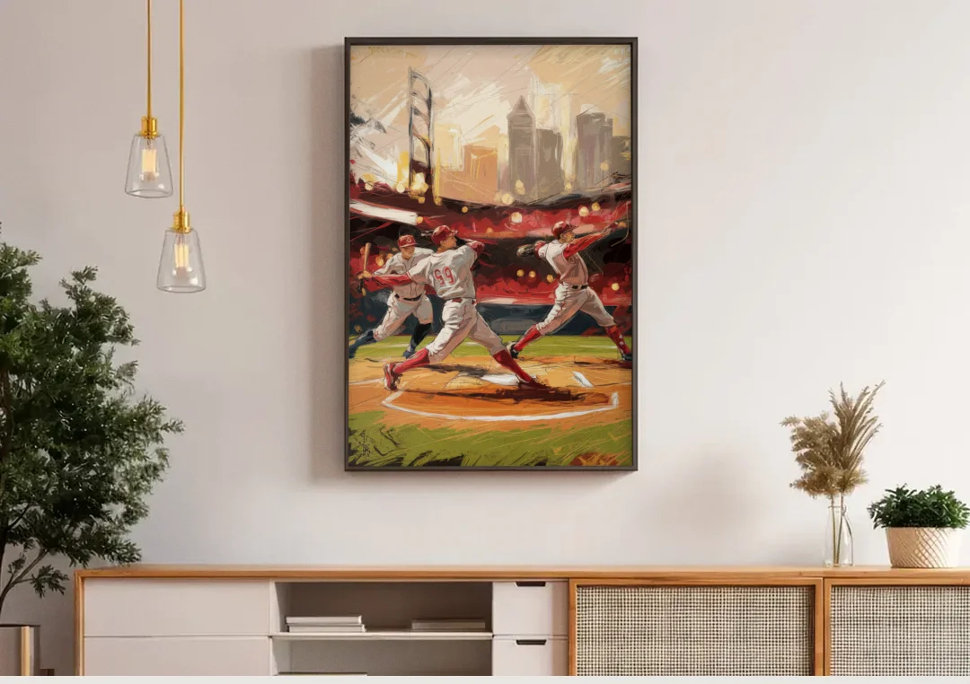 Cincinnati Reds Legendary Players canvas wall art above a wooden sideboard under pendant lights