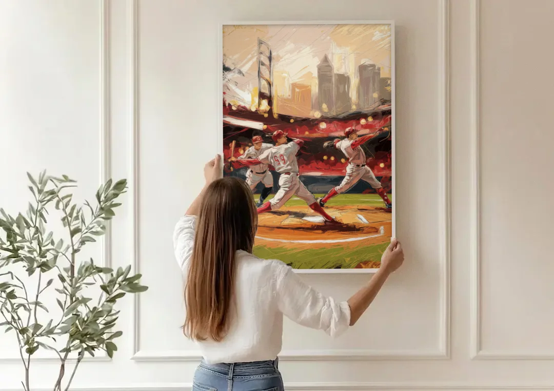 Cincinnati Reds Legendary Players canvas wall art being hung on a paneled wall