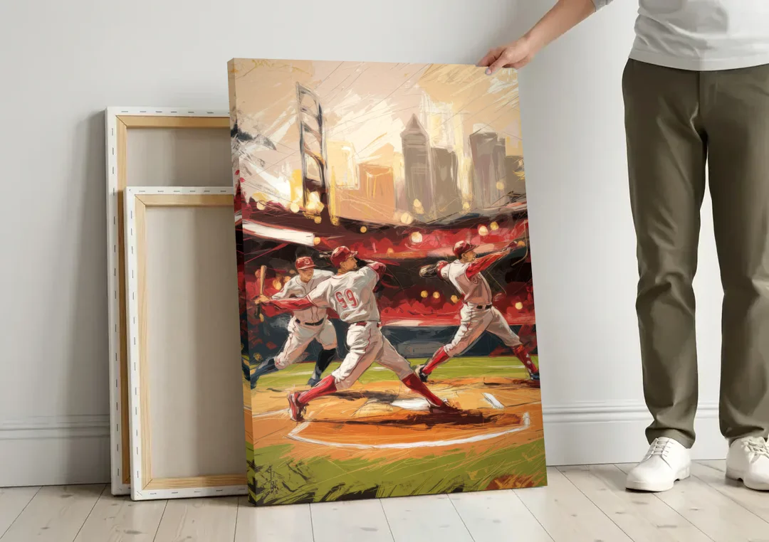 Cincinnati Reds Legendary Players canvas wall art leaning against a wall next to blank canvases