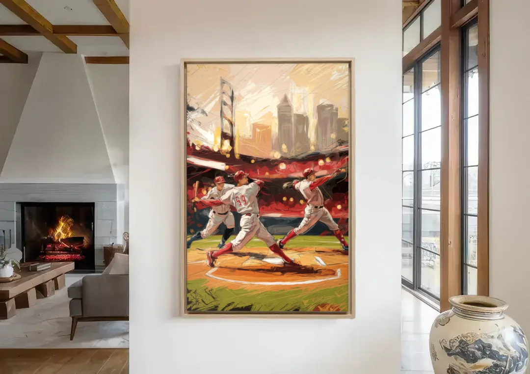 Cincinnati Reds Legendary Players canvas wall art in a living room with a fireplace