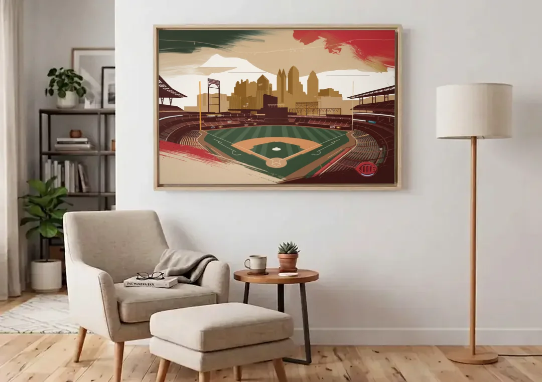 Cincinnati Reds Vintage Moments canvas wall art above an armchair in a bright living room