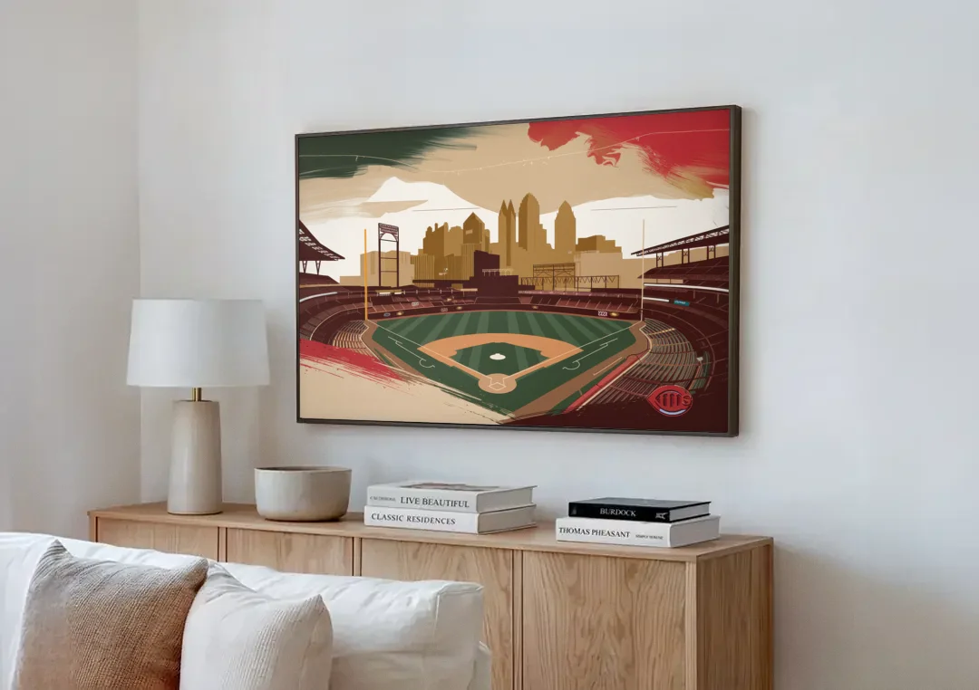Cincinnati Reds Vintage Moments canvas wall art above a wooden sideboard next to a sofa