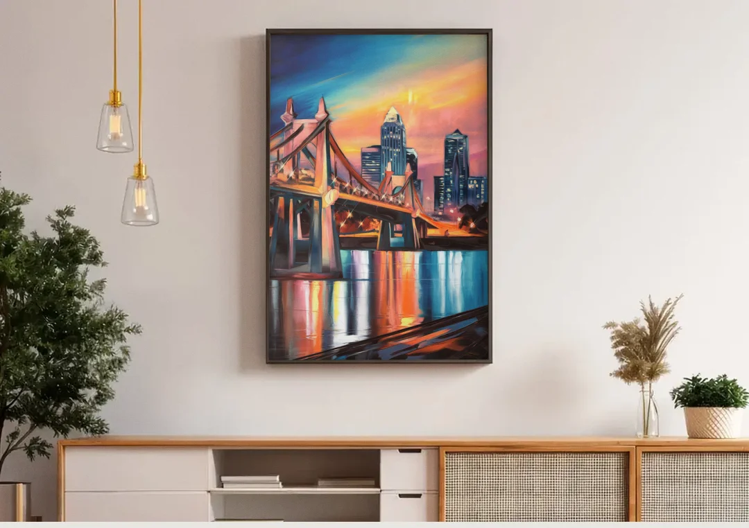 Cincinnati Skyline and Historic Bridges canvas wall art above a wooden sideboard under pendant lights