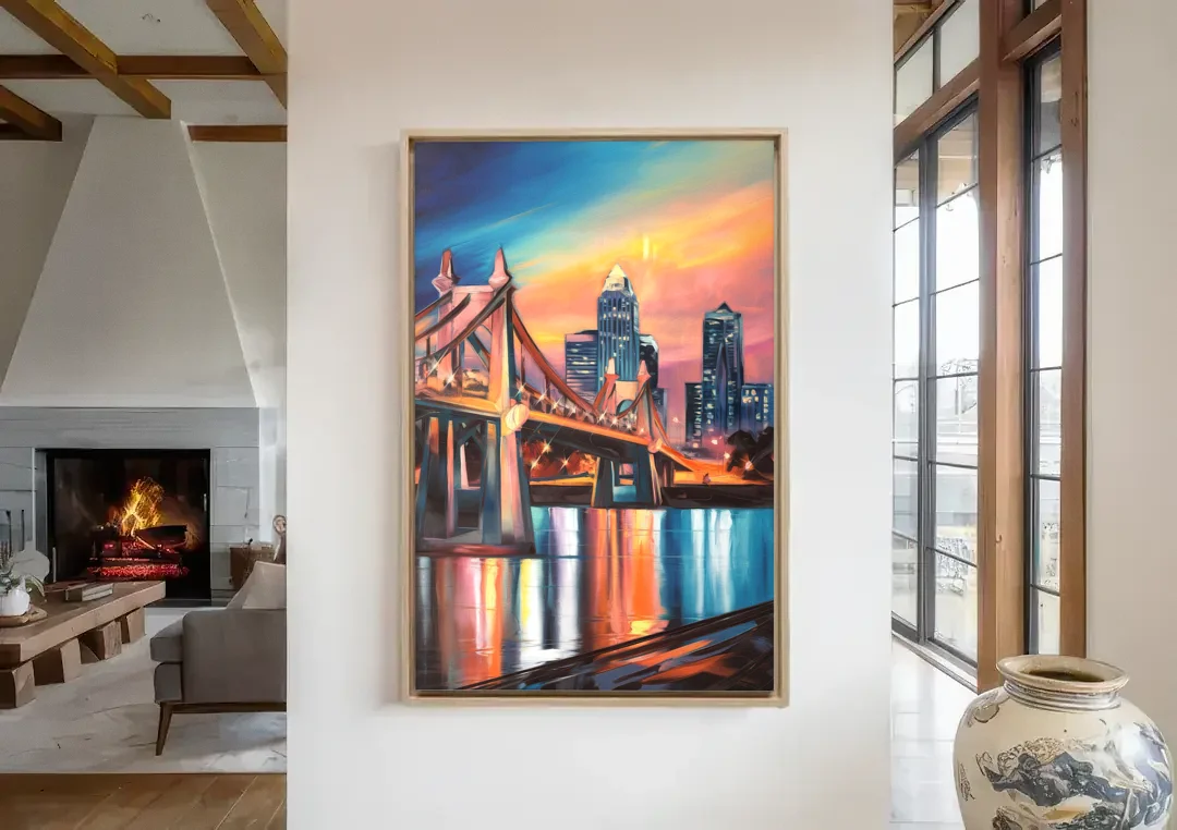 Cincinnati Skyline and Historic Bridges canvas wall art in a living room with a fireplace