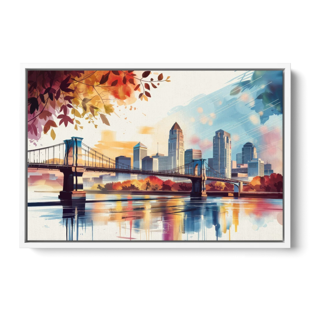 Cincinnati Skyline In Autumn - White Framed Canvas Wall Art - Front