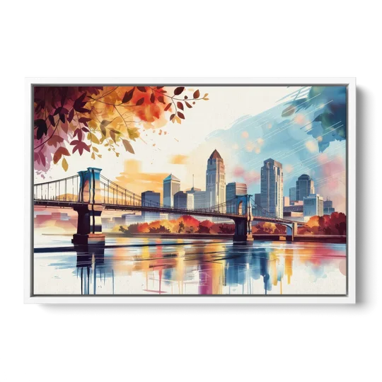 Cincinnati Skyline In Autumn - White Framed Canvas Wall Art - Front