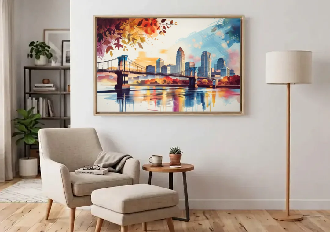 Cincinnati Skyline In Autumn canvas wall art above an armchair in a bright living room