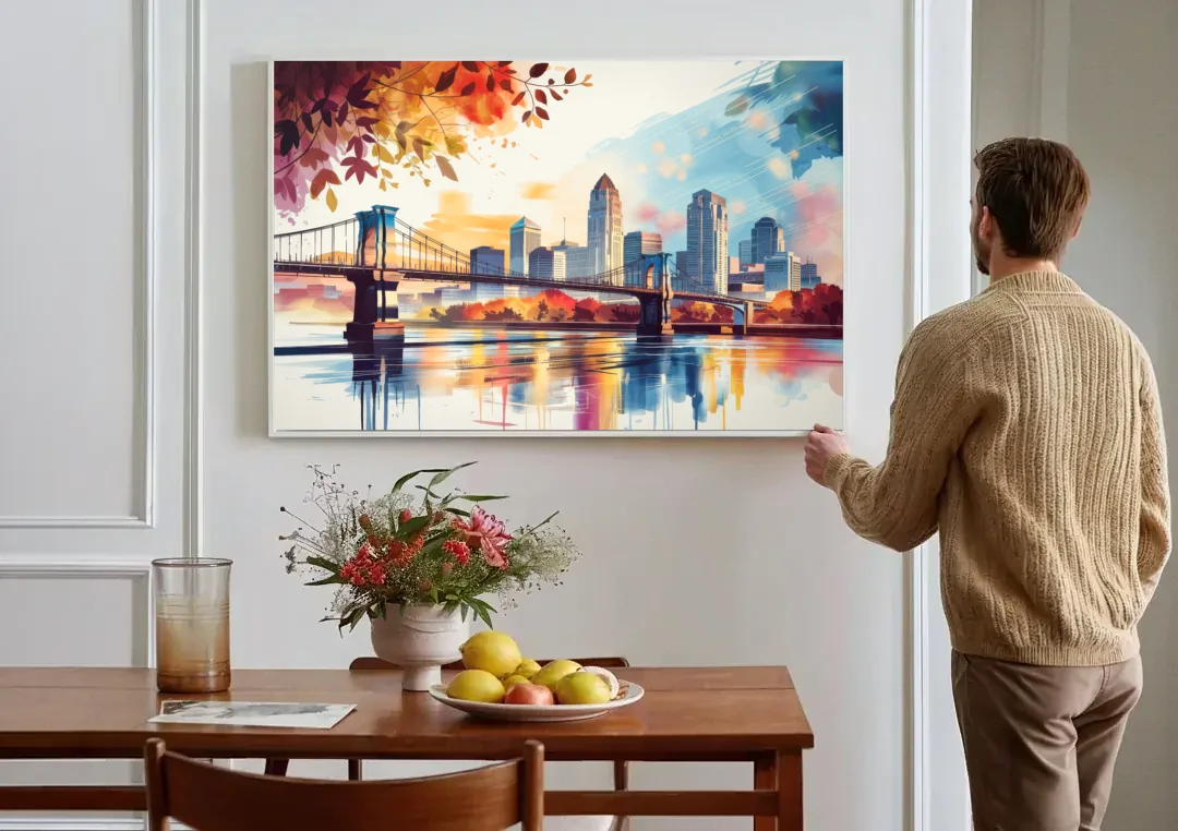 Cincinnati Skyline In Autumn canvas wall art above a dining table