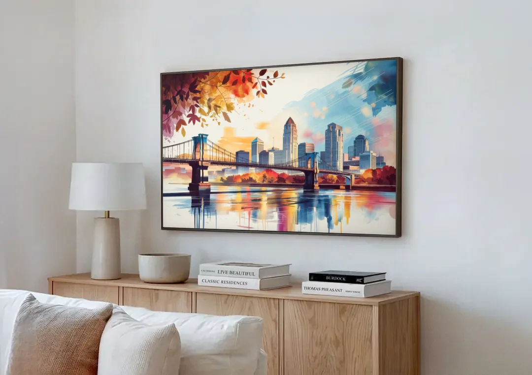 Cincinnati Skyline In Autumn canvas wall art above a wooden sideboard next to a sofa