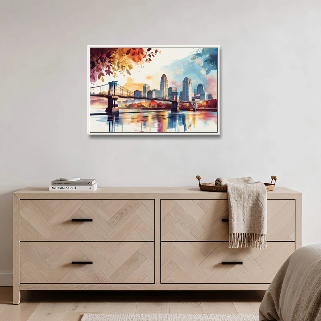 Cincinnati Skyline In Autumn - White Framed Canvas Wall Art - Coffee Table - 36x24
