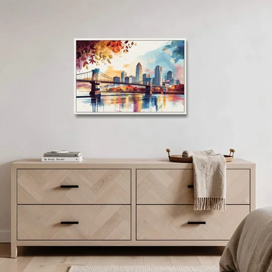 Cincinnati Skyline In Autumn - White Framed Canvas Wall Art - Coffee Table - 36x24