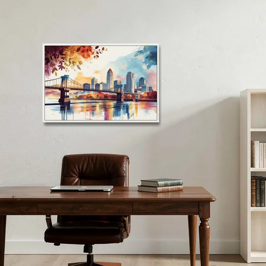 Cincinnati Skyline In Autumn - White Framed Canvas Wall Art - Office - 36x24