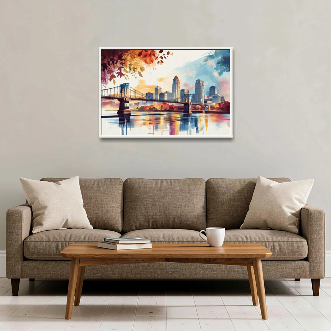 Cincinnati Skyline In Autumn - White Framed Canvas Wall Art - Sofa - 36x24