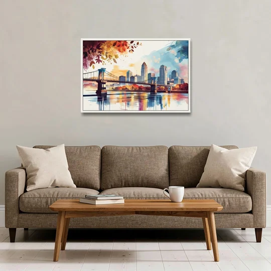 Cincinnati Skyline In Autumn - White Framed Canvas Wall Art - Sofa - 36x24