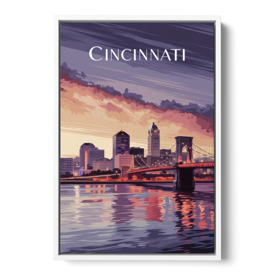 Cincinnati Skyline Over the Ohio River - White Framed Canvas Wall Art - Front