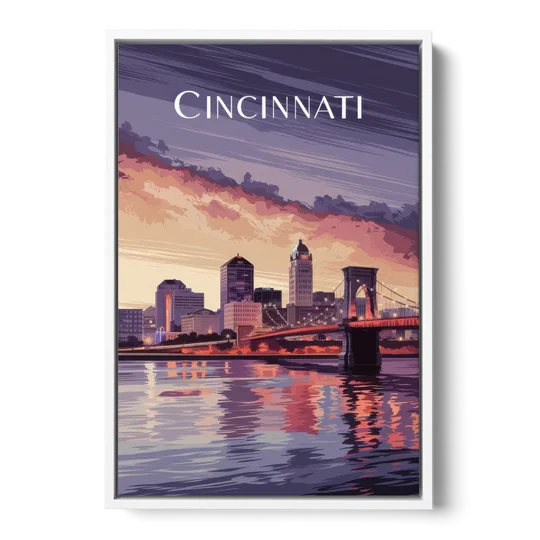 Cincinnati Skyline Over the Ohio River - White Framed Canvas Wall Art - Front