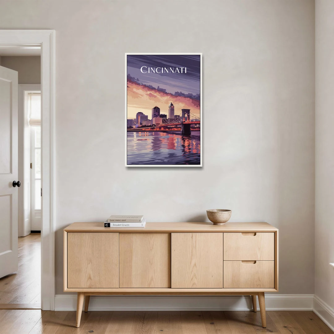 Cincinnati Skyline Over the Ohio River - White Framed Canvas Wall Art - Coffee Table - 24x36
