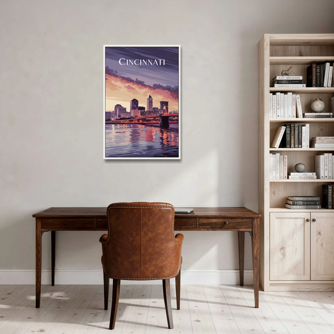 Cincinnati Skyline Over the Ohio River - White Framed Canvas Wall Art - Office - 24x36