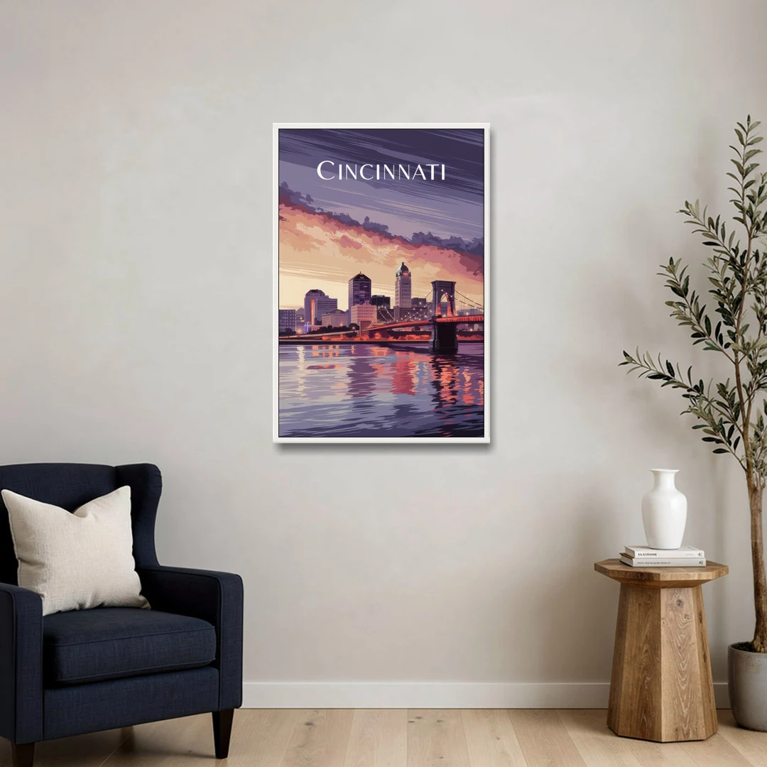 Cincinnati Skyline Over the Ohio River - White Framed Canvas Wall Art - Sofa - 24x36