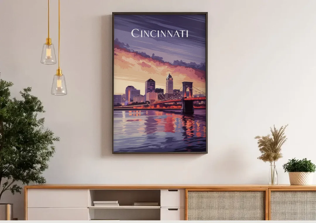 Cincinnati Skyline Over the Ohio River canvas wall art above a wooden sideboard under pendant lights