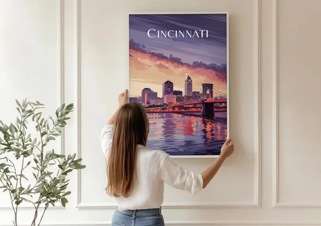 Cincinnati Skyline Over the Ohio River canvas wall art being hung on a paneled wall