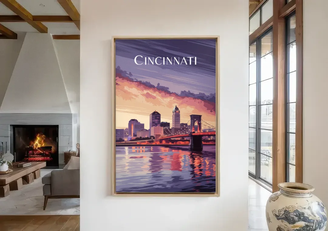 Cincinnati Skyline Over the Ohio River canvas wall art in a living room with a fireplace
