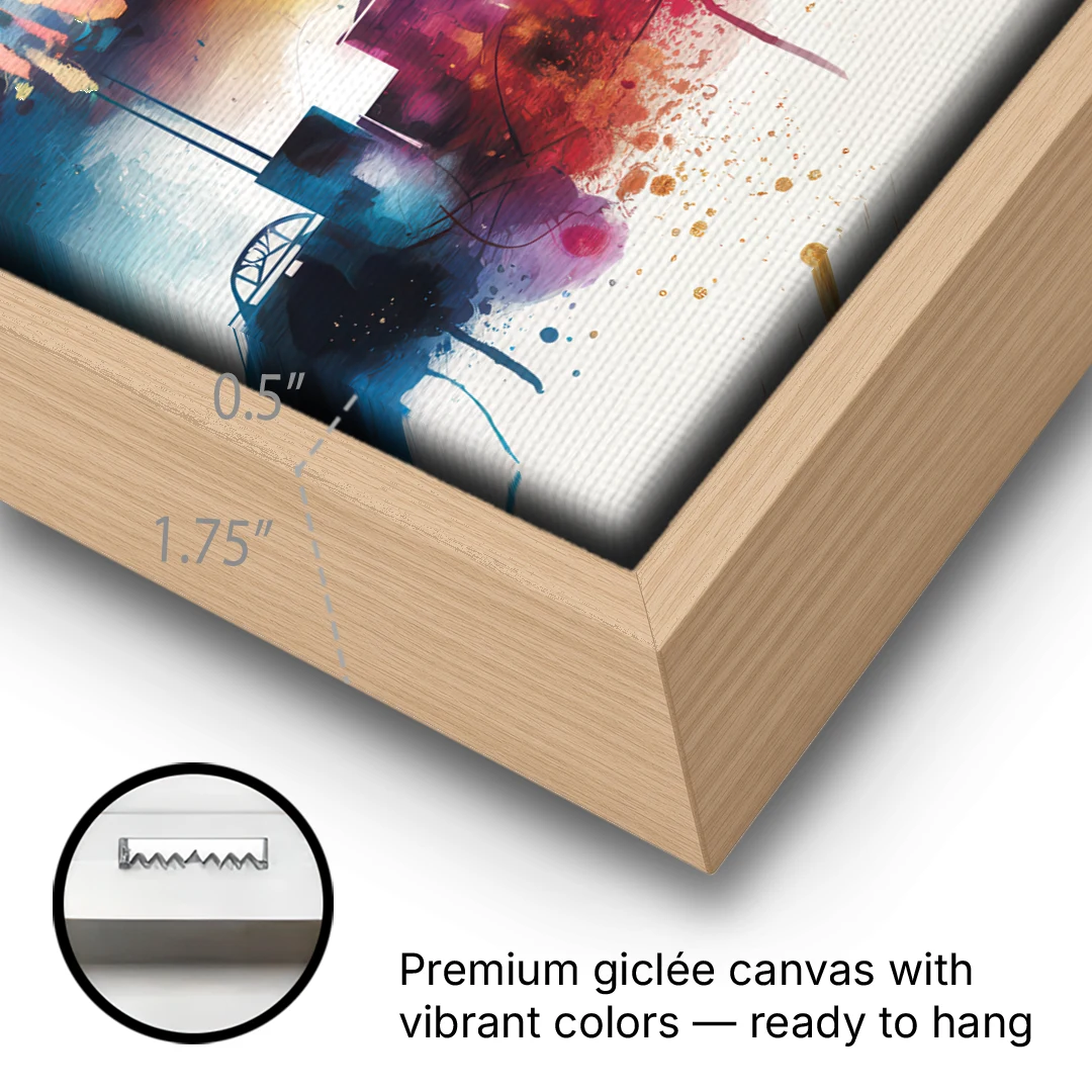 Cincinnati Skyline With Fireworks - Oak Framed Canvas Wall Art - Gallery Wrap Corner