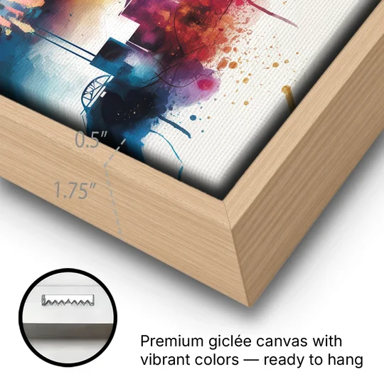 Cincinnati Skyline With Fireworks - Oak Framed Canvas Wall Art - Gallery Wrap Corner