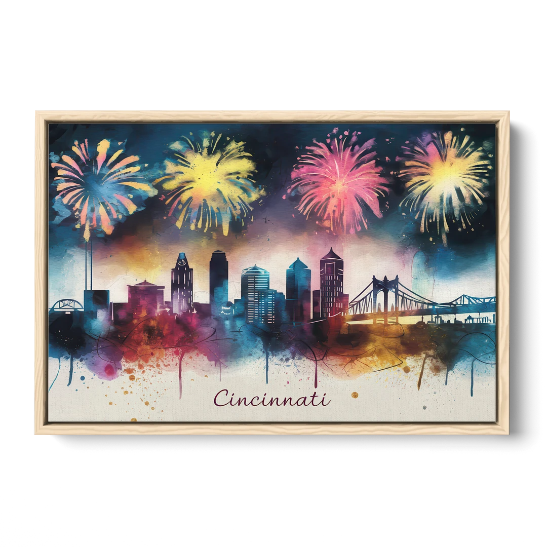 Cincinnati Skyline With Fireworks - Oak Framed Canvas Wall Art - Front