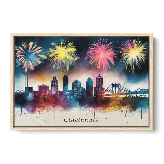 Cincinnati Skyline With Fireworks - Oak Framed Canvas Wall Art - Front