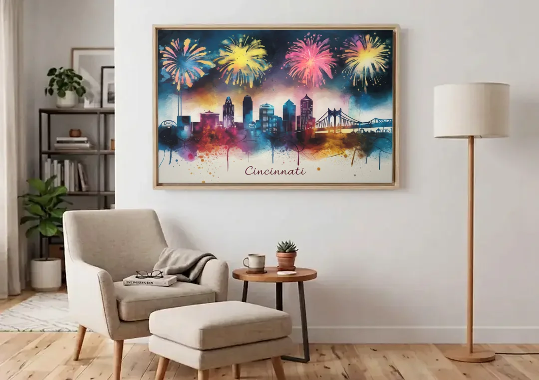 Cincinnati Skyline With Fireworks canvas wall art above an armchair in a bright living room