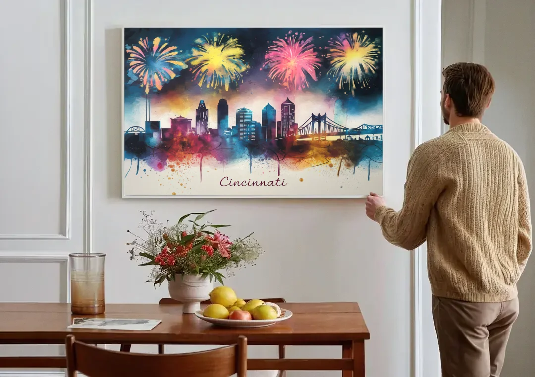 Cincinnati Skyline With Fireworks canvas wall art above a dining table