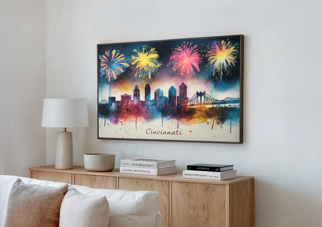 Cincinnati Skyline With Fireworks canvas wall art above a wooden sideboard next to a sofa