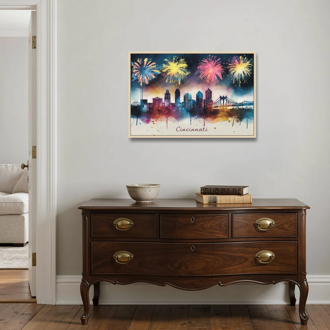 Cincinnati Skyline With Fireworks - Oak Framed Canvas Wall Art - Coffee Table - 36x24