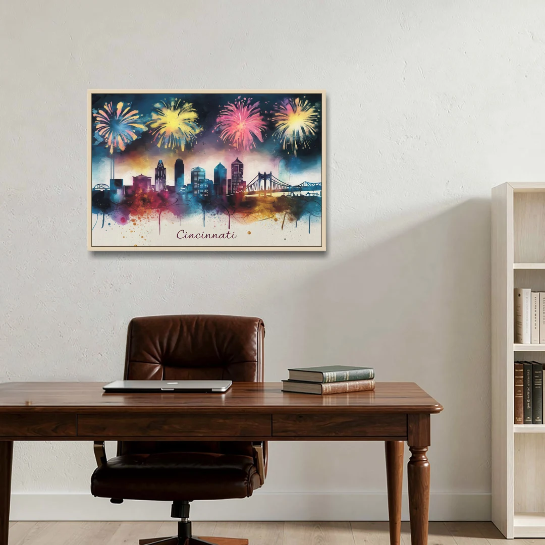 Cincinnati Skyline With Fireworks - Oak Framed Canvas Wall Art - Office - 36x24