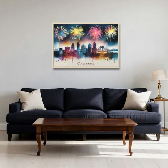 Cincinnati Skyline With Fireworks - Oak Framed Canvas Wall Art - Sofa - 36x24