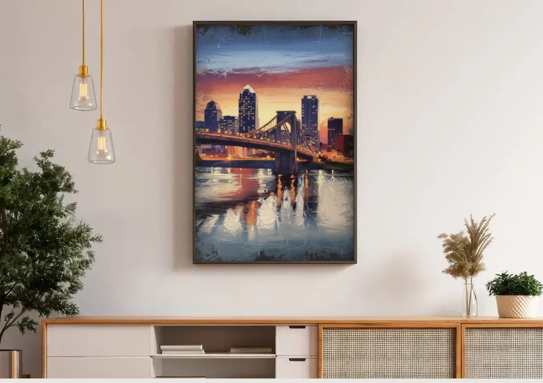 Cincinnati Skyline with River Reflection canvas wall art above a wooden sideboard under pendant lights