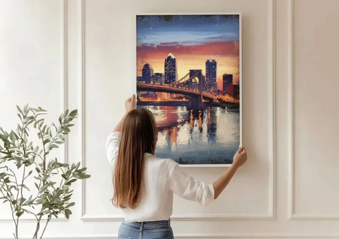 Cincinnati Skyline with River Reflection canvas wall art being hung on a paneled wall