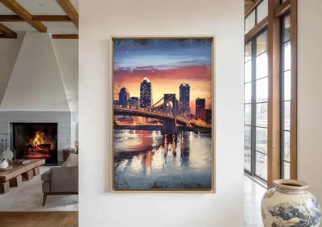 Cincinnati Skyline with River Reflection canvas wall art in a living room with a fireplace
