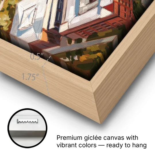 Cincinnati University Campus Highlights - Oak Framed Canvas Wall Art - Gallery Wrap Corner