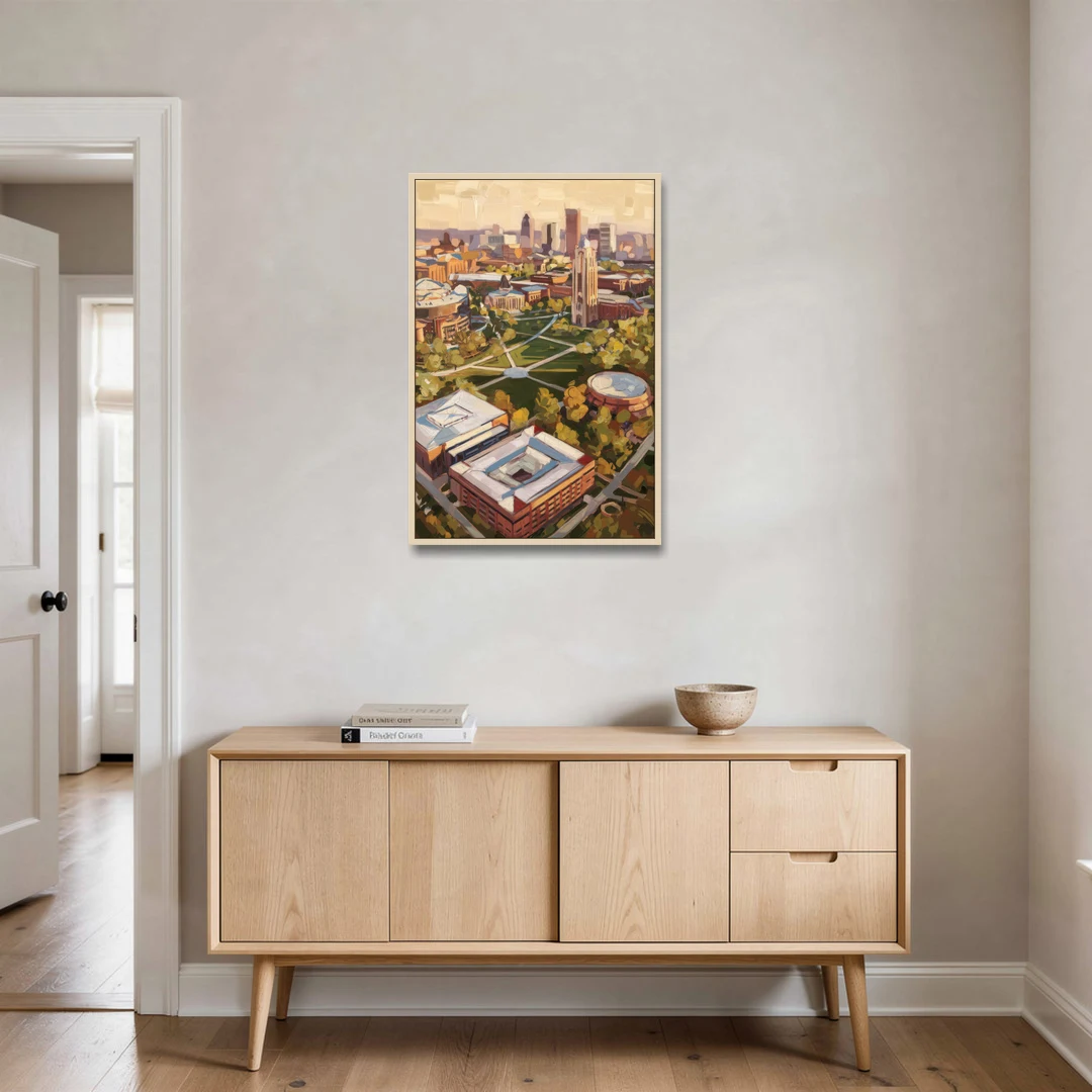 Cincinnati University Campus Highlights - Oak Framed Canvas Wall Art - Coffee Table - 24x36