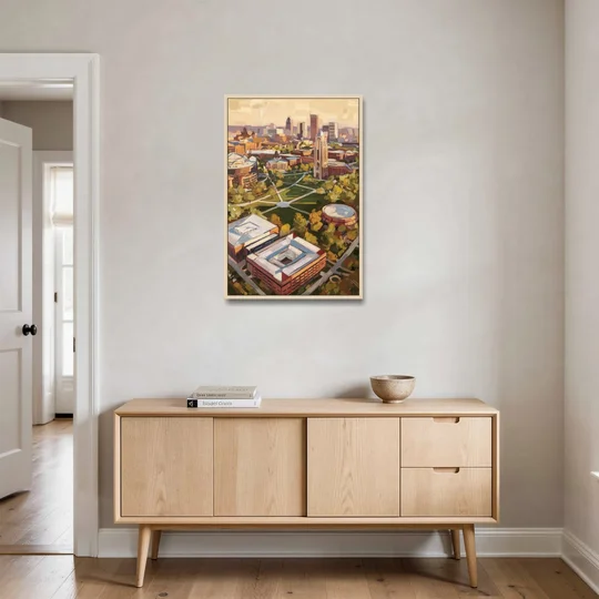 Cincinnati University Campus Highlights - Oak Framed Canvas Wall Art - Coffee Table - 24x36