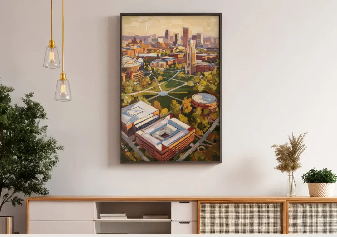 Cincinnati University Campus Highlights canvas wall art above a wooden sideboard under pendant lights
