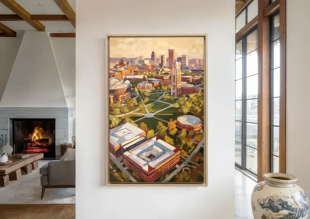 Cincinnati University Campus Highlights canvas wall art in a living room with a fireplace