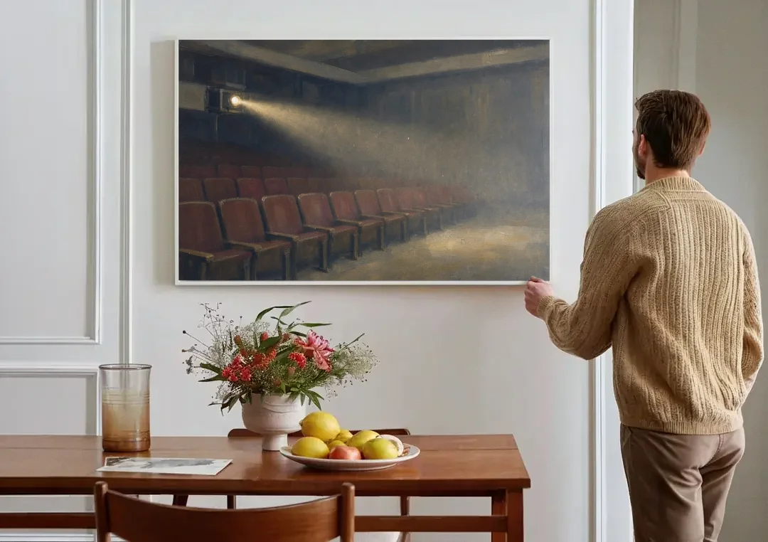 Cinema Wall Art Projector Beam Over Empty Seats canvas wall art above a dining table
