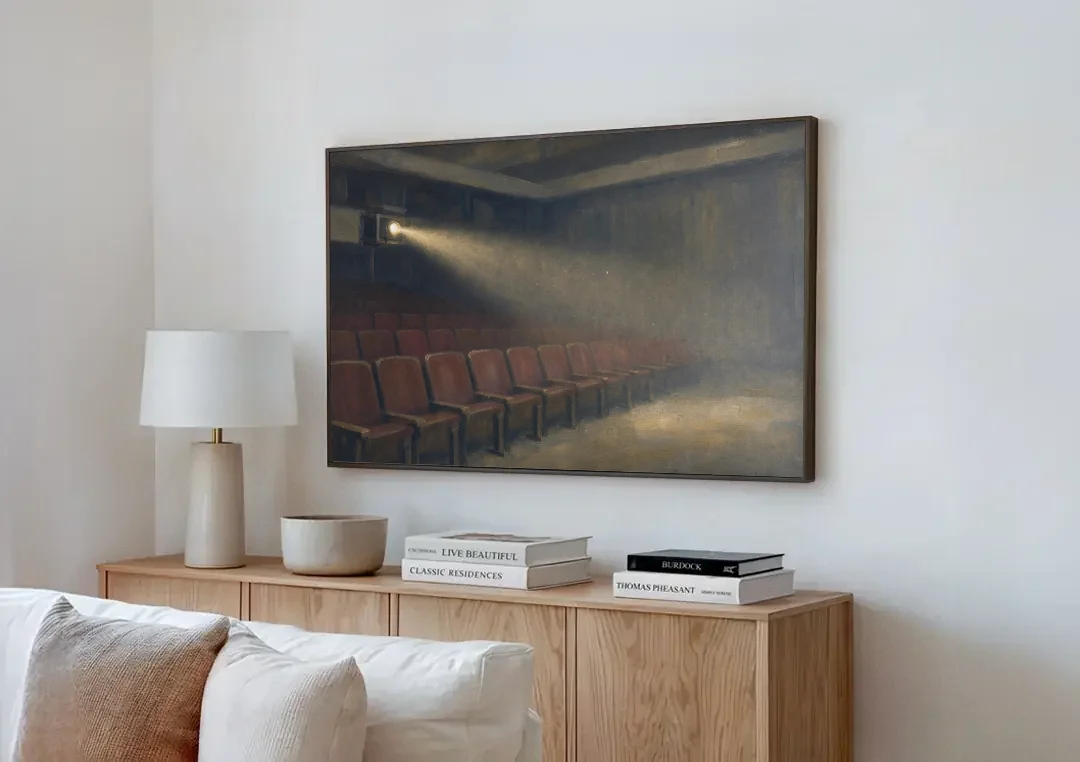 Cinema Wall Art Projector Beam Over Empty Seats canvas wall art above a wooden sideboard next to a sofa