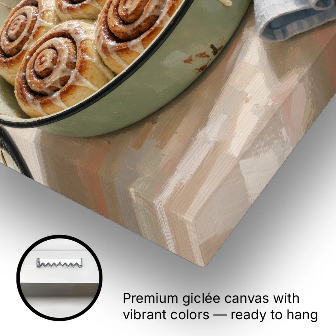 Cinnamon Roll Painting in a Sage Enamel Pan - Canvas Wall Art - Gallery Wrap Corner