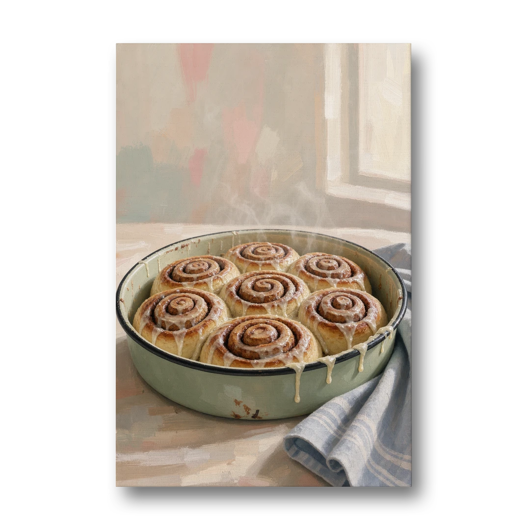 Cinnamon Roll Painting in a Sage Enamel Pan - Canvas Wall Art - Front